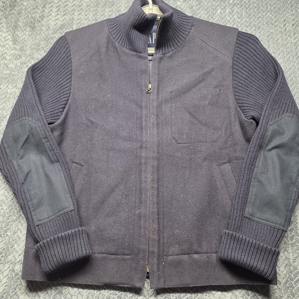 GAP Wool Blend Bomber Jacket Men's S Navy Blue Zip Up Knit Sleeves Elbow Patches